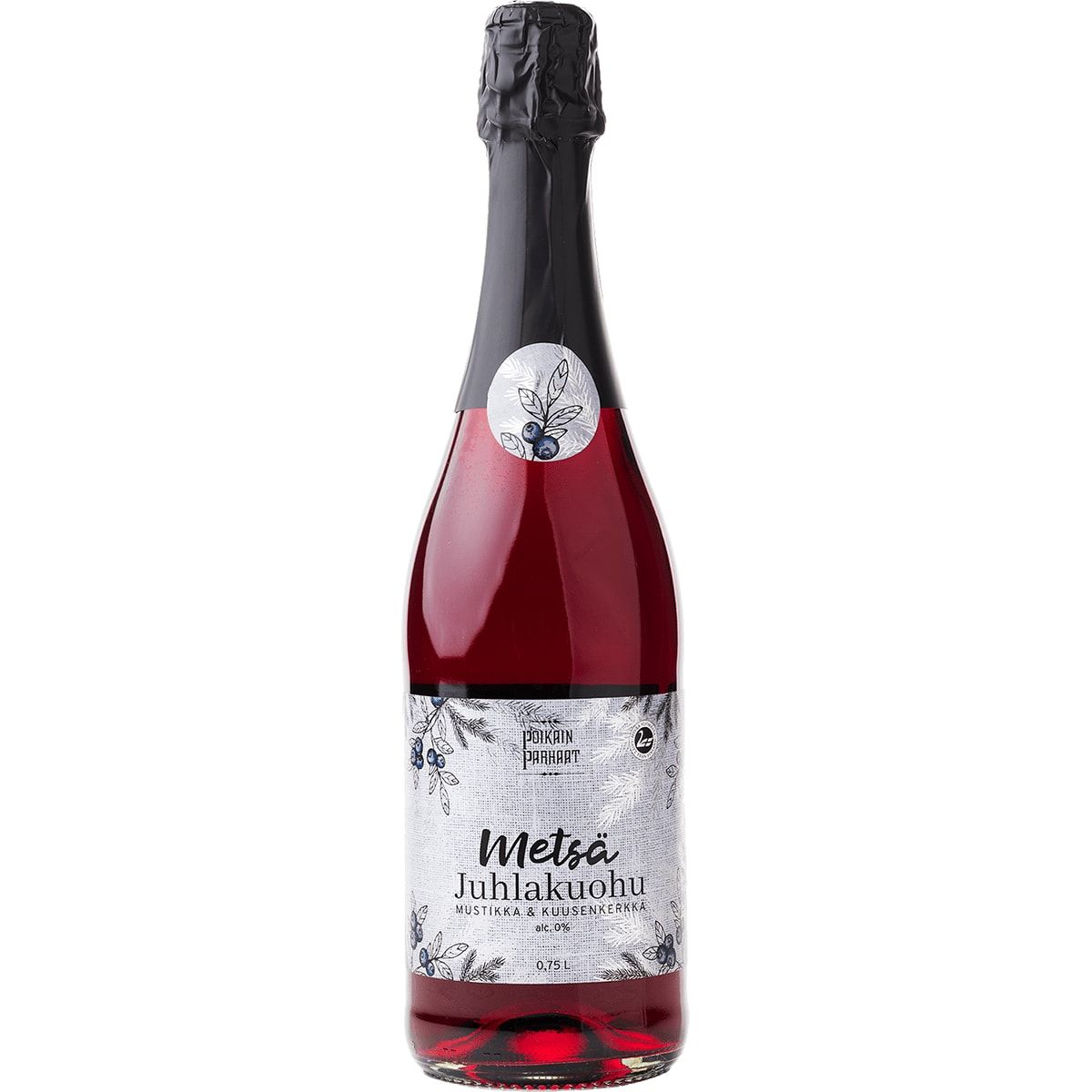 A bottle of Poikain Parhaat Metsä Sparkling Drink 0,0 %, featuring silver and black accents, berry and leaf illustrations on the label, and a black foil-wrapped top.