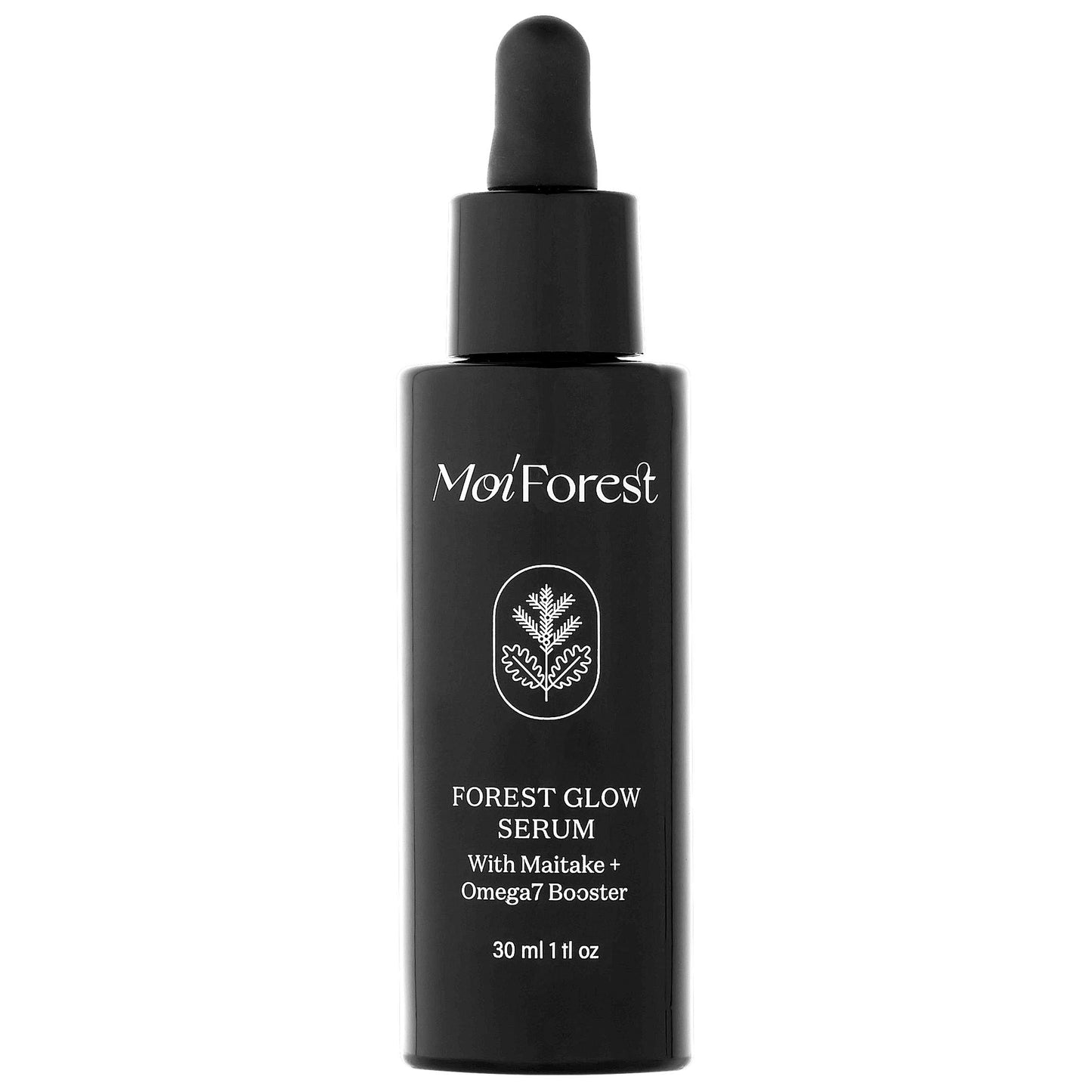 A black dropper bottle of Moi Forest Forest Glow Serum on a plain white background.