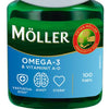 A green plastic bottle of Möller Omega-3 & Vitamin A-D by Möller features a blue Finnish label, immunity/brain/heart icons, and a white cap. Each bottle contains 100 omega-3 fish oil cod liver oil capsules with vitamins A and D.