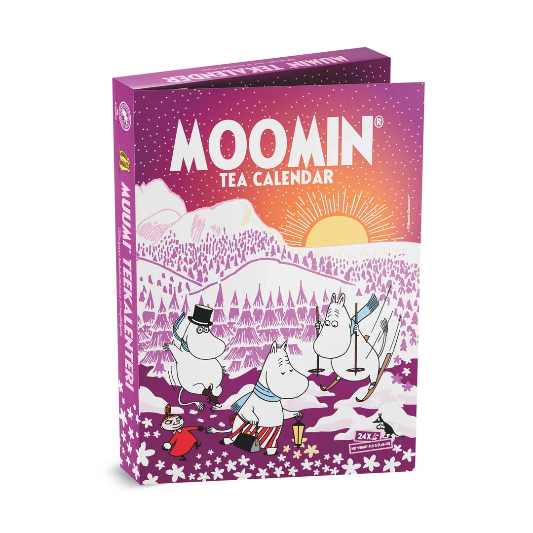 Moomin Tea Calendar box featuring Moomin characters skiing in a snowy mountain landscape, with a purple-to-orange gradient sky and the title 'MOOMIN TEA CALENDAR' on the front.