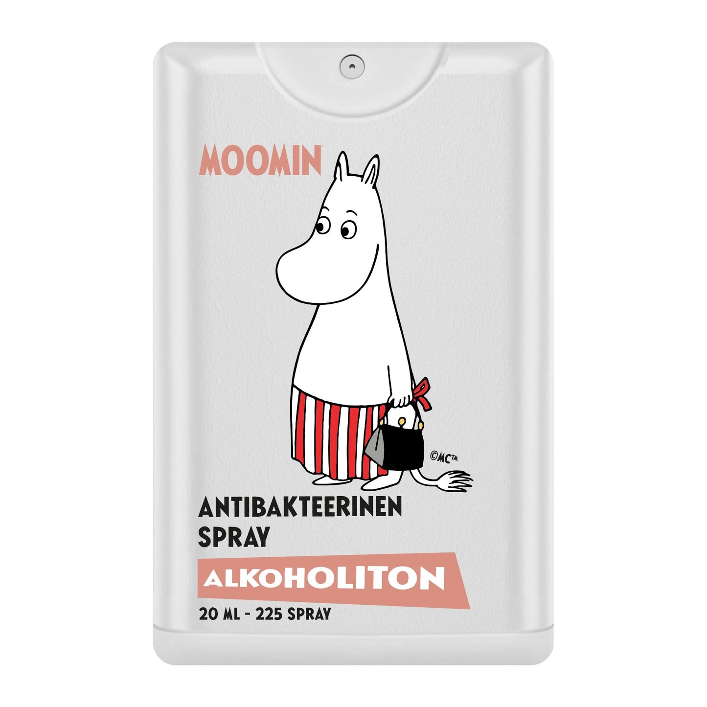 A white Moomin Alcohol-Free Antibacterial Hand Spray (20 ml, 225 sprays) features a Moomin character in red striped pants holding a small black creature. Brand: Moomin.