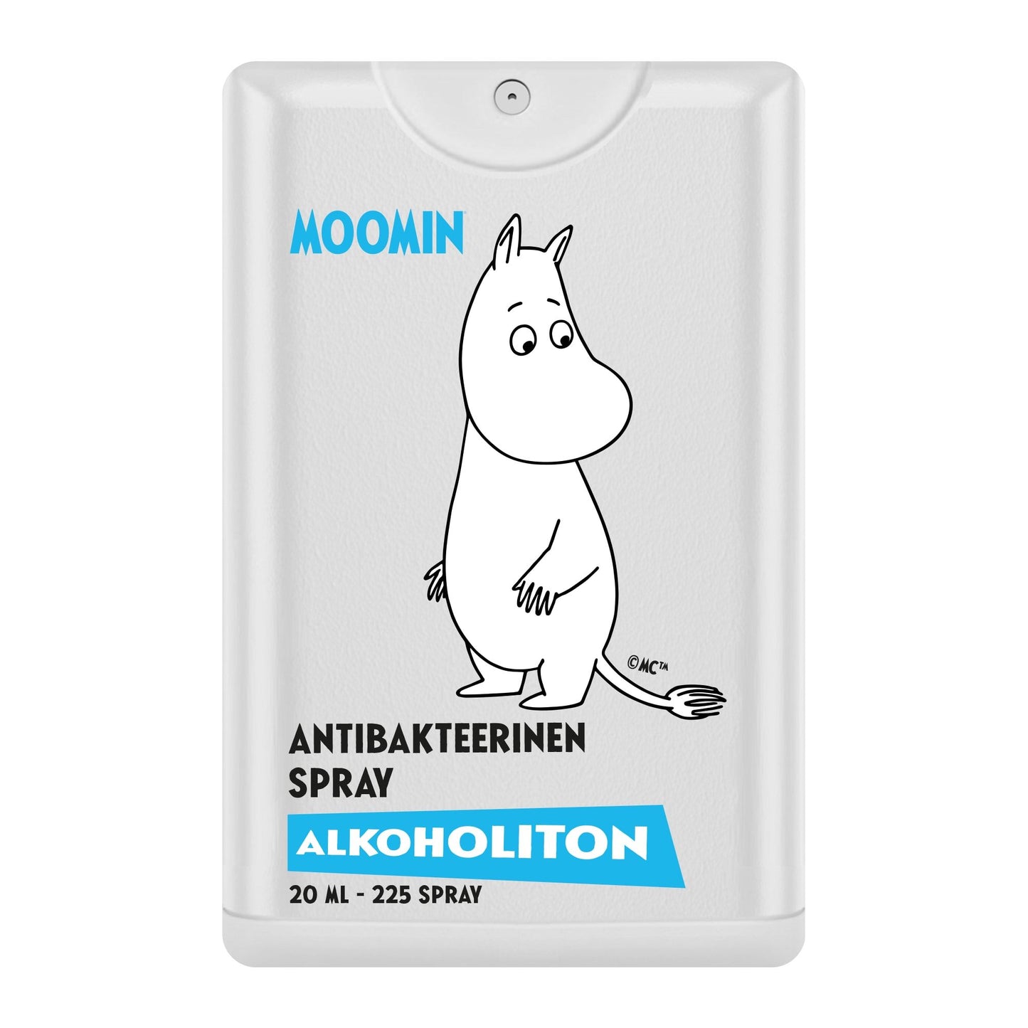 The Moomin Alcohol-Free Antibacterial Hand Spray by Moomin comes in a white rectangular bottle with a Moomin illustration. It fits easily in your pocket and offers 225 sprays of alcohol-free antibacterial protection (20 ml).