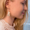 A woman with long blonde hair wears a lace-collared top and a dangling Coruu Moomin Wooden Earring shaped like a cartoon hippo, smiling softly to the right and showcasing playful Nordic style jewelry by Coruu.