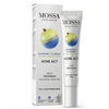 Mossa Acne Act Spot Treatment is for oily, acne-prone skin and contains gooseberry, blueberry extracts, tea tree oil, and salicylic acid. Packaging features vegan and dermatologically tested symbols. Supplied in a tube and box.