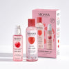Three products from the Mossa Juicy Berry Gift Set are shown: Juicy Jelly moisturizer, hydrating micellar water, and their pink packaging with bottle images and berry graphics. Brand: Mossa.