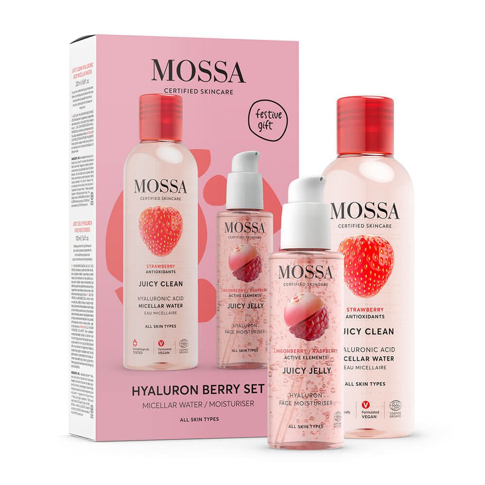 The Mossa Juicy Berry Gift Set by Mossa includes hydrating micellar water and a face moisturizer in festive packaging with a strawberry design, making it an ideal holiday gift.