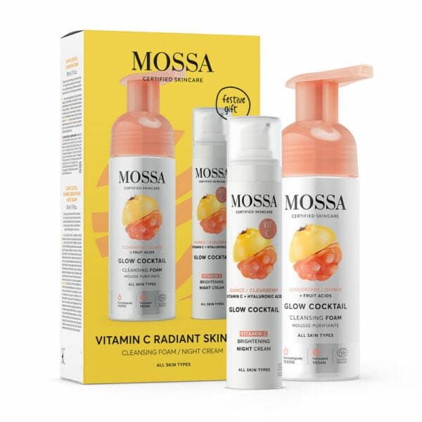The Mossa Vitamin C Gift Set features a brightening cleansing foam and night cream in vibrant orange and white berry-adorned packaging, with detailed product info—perfect for gifting radiant skincare from Mossa.
