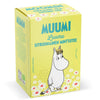 A box of Muumi Luomu Sitruunainen Minttutee organic tea, featuring a bright yellow-green packaging with illustrations of the Moomin character Moomi and white daisies, photographed on a clean white background.