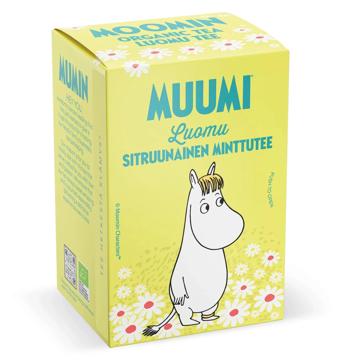 A box of Muumi Luomu Sitruunainen Minttutee organic tea, featuring a bright yellow-green packaging with illustrations of the Moomin character Moomi and white daisies, photographed on a clean white background.