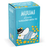 A blue box of Moomin tea featuring the Moomin character lying among yellow flowers, with the text 'MUUMI Luumu VANILJAINEN MUSTA TEE' on the front.