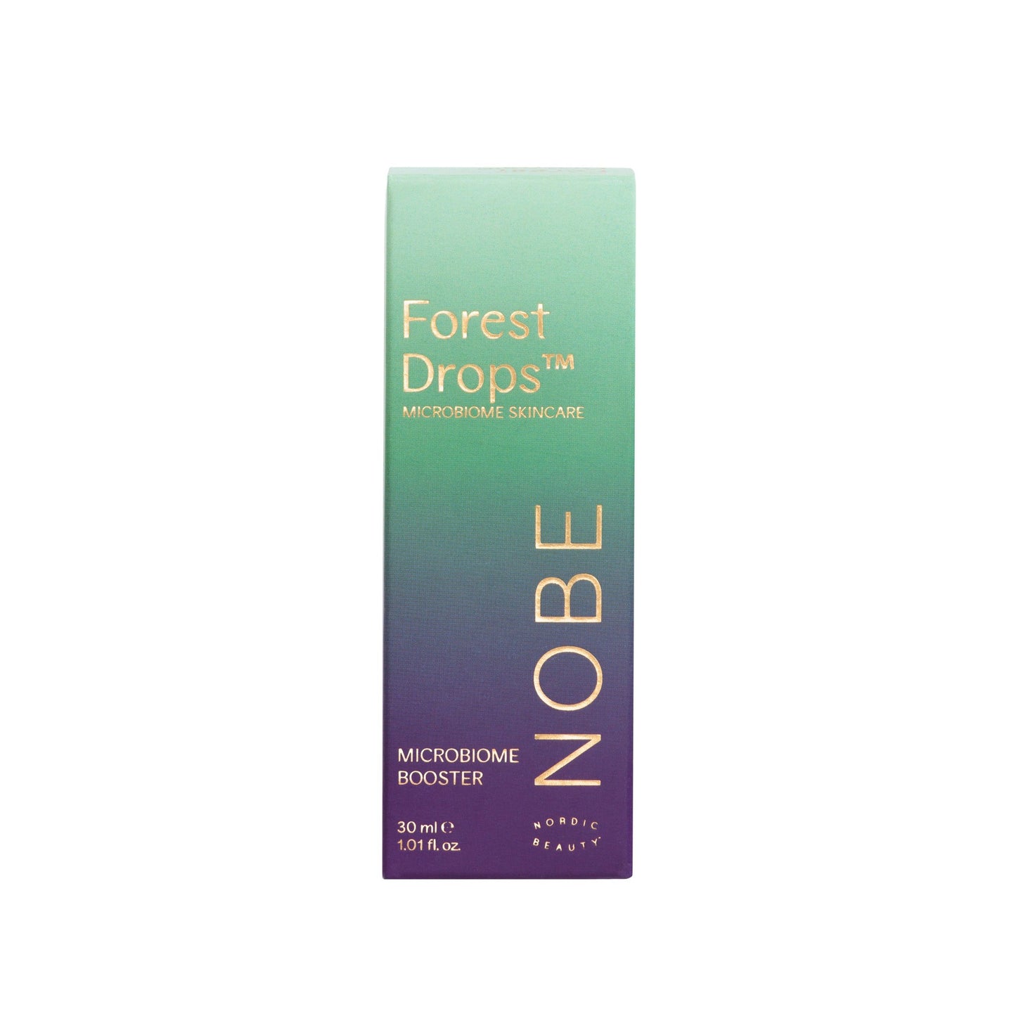 A green and purple box labeled NOBE Forest Drops® Microbiome Booster by NOBE Nordic Beauty stands upright on a white background, featuring forest microbiome extract and 30 ml / 1.01 fl oz at the bottom.