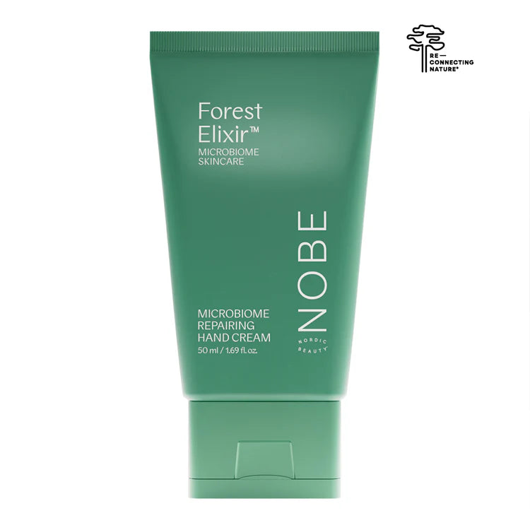 A green tube of NOBE Nordic Forest Bath Skincare Rituals by NOBE Nordic Beauty, 50ml, with forest microbiome extract and white text plus a RECONNECTING WITH NATURE logo—ideal for any Nordic Skincare Gift Set.