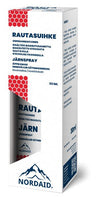 Eine weiß-blaue Schachtel mit Nordaid Eisenspray, 30 ml, mit finnischem und schwedischem Text, roten Waben und einem Berg-Logo; ein praktisches Eisenpräparat von Nordaid zur Behandlung von Eisenmangel.