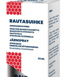 A white and blue box of Nordaid Iron Spray, 30 ml, with Finnish and Swedish text, red honeycomb accents, and a mountain logo; a convenient iron supplement from Nordaid for addressing iron deficiency.