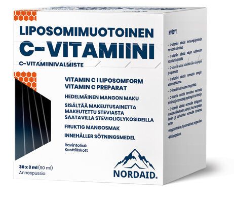 A box of Nordaid Liposomal Vitamin C from Nordaid features blue and gray Finnish and Swedish text, highlights immune system support, benefits, and mango flavor. The package includes 30 servings of 3 ml each.