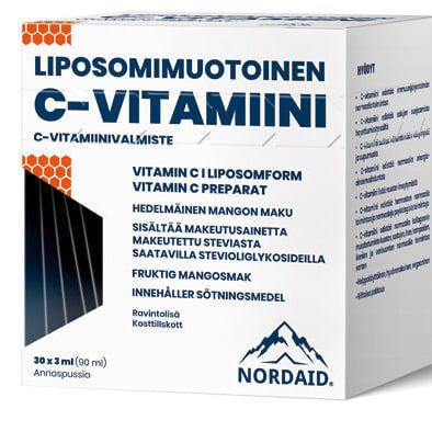 A box of Nordaid Liposomal Vitamin C from Nordaid features blue and gray Finnish and Swedish text, highlights immune system support, benefits, and mango flavor. The package includes 30 servings of 3 ml each.