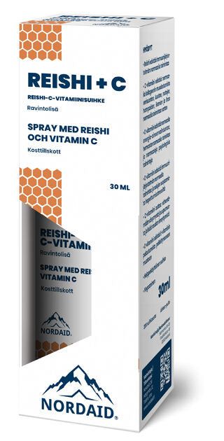 A white and blue box labeled Nordaid Reishi + Vitamin C Spray (30ml) features honeycomb designs, a mountain logo, and text in Finnish and Swedish. Contains reishi mushroom for immune support.