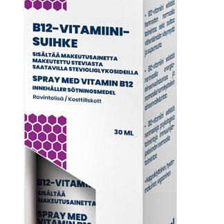 A white and purple rectangular box of Nordaid Vitamin B12 Spray, 30 ml, featuring Finnish and Swedish text, a small mountain graphic, and supporting normal energy metabolism. Brand: Nordaid.