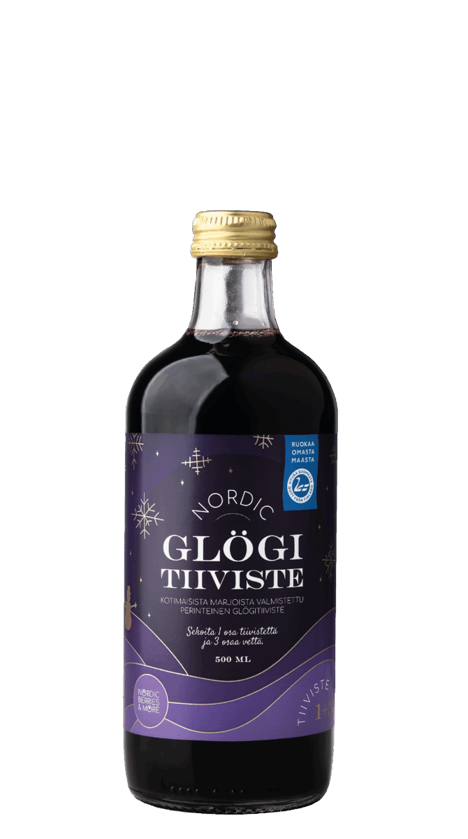 A 500 ml glass bottle with a gold cap, filled with dark liquid. The label reads "Poikain Parhaat Nordic Berries More Nordic Glögg Concentrate" and features purple accents and snowflakes, indicating it's alcohol-free Finnish berry juice.