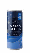 A blue 250ml can of Poikain Parhaat Nordic Berries & More Xmas Soda, decorated with snowflakes and stars, features Finnish and English text highlighting Finnish berry juice, vanilla, and classic Christmas flavors.