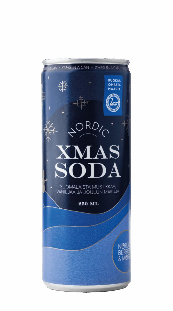 A blue 250ml can of Poikain Parhaat Nordic Berries & More Xmas Soda, decorated with snowflakes and stars, features Finnish and English text highlighting Finnish berry juice, vanilla, and classic Christmas flavors.
