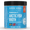 A blue container labeled Nordic Kings Arctic Fish Broth, 400g, displays Swedish and Norwegian flags, MSC certified wild caught cod, sustainable fishery icons, plus keto and paleo bioavailable protein badges.