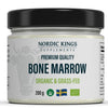A 200g jar of Nordic Kings Organic Bone Marrow by Nordic Kings, labeled as organic and grass-fed, features images of a cow, green leaf, Swedish flag, and an organic certification icon on the front.