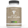A white bottle of Nordic Kings Organic Grass Fed Beef Spleen dietary supplement features a cow illustration, Swedish flag, and organic certification icons. This heme iron supplement contains 180 capsules, each with 500 mg.