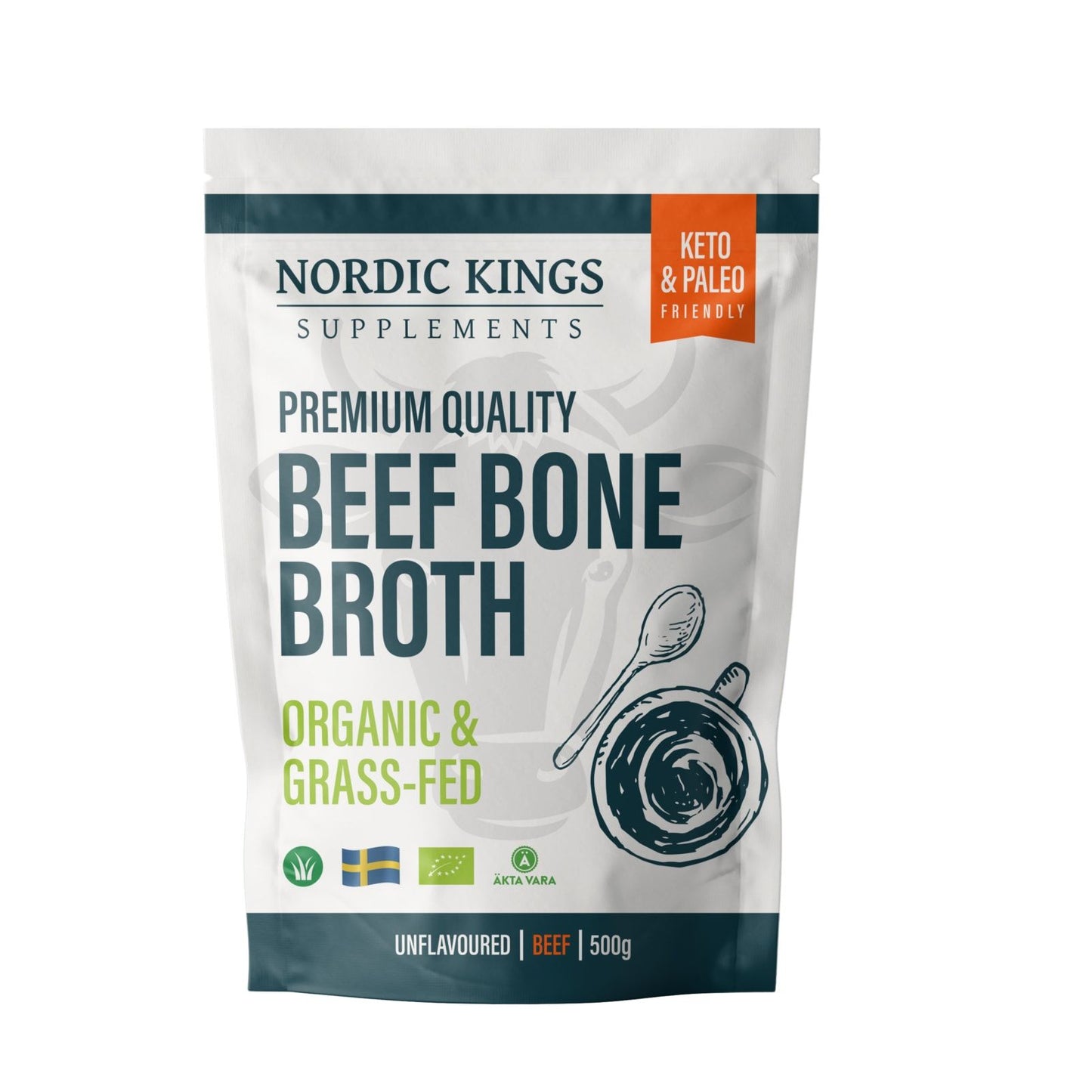 A white and blue pouch labeled Nordic Kings Premium Organic Bone Broth, 500g, unflavored, made from grass-fed beef. Features green icons and Swedish and Danish flags. Marked organic, keto & paleo friendly. Brand: Nordic Kings.