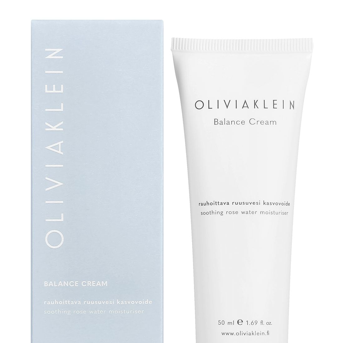 A white tube labeled Olivia Klein Balance Cream stands next to a light blue box, both showing English and Finnish details for a soothing, fast-absorbing rose water moisturiser for sensitive skin, 50 ml. Brand: Olivia Klein.