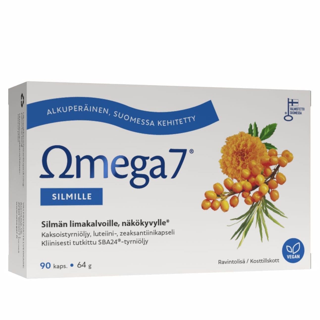 A box of Omega7 Eye by Omega7, featuring marigold and sea buckthorn imagery to highlight sea buckthorn oil for eye health. Packaging includes Finnish text and a vegan symbol in the bottom right corner.