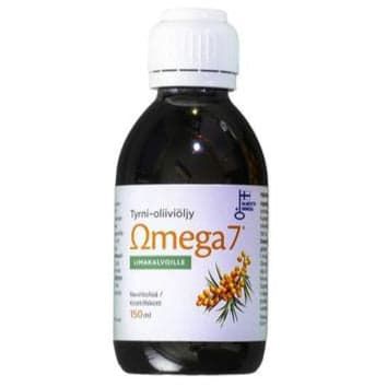 A dark brown 150 ml bottle with a white cap features Omega7 SBA® Sea Buckthorn & Olive Oil by Omega7. The label shows orange text and Finnish writing, highlighting omega-7 fatty acids for mucous membrane hydration.