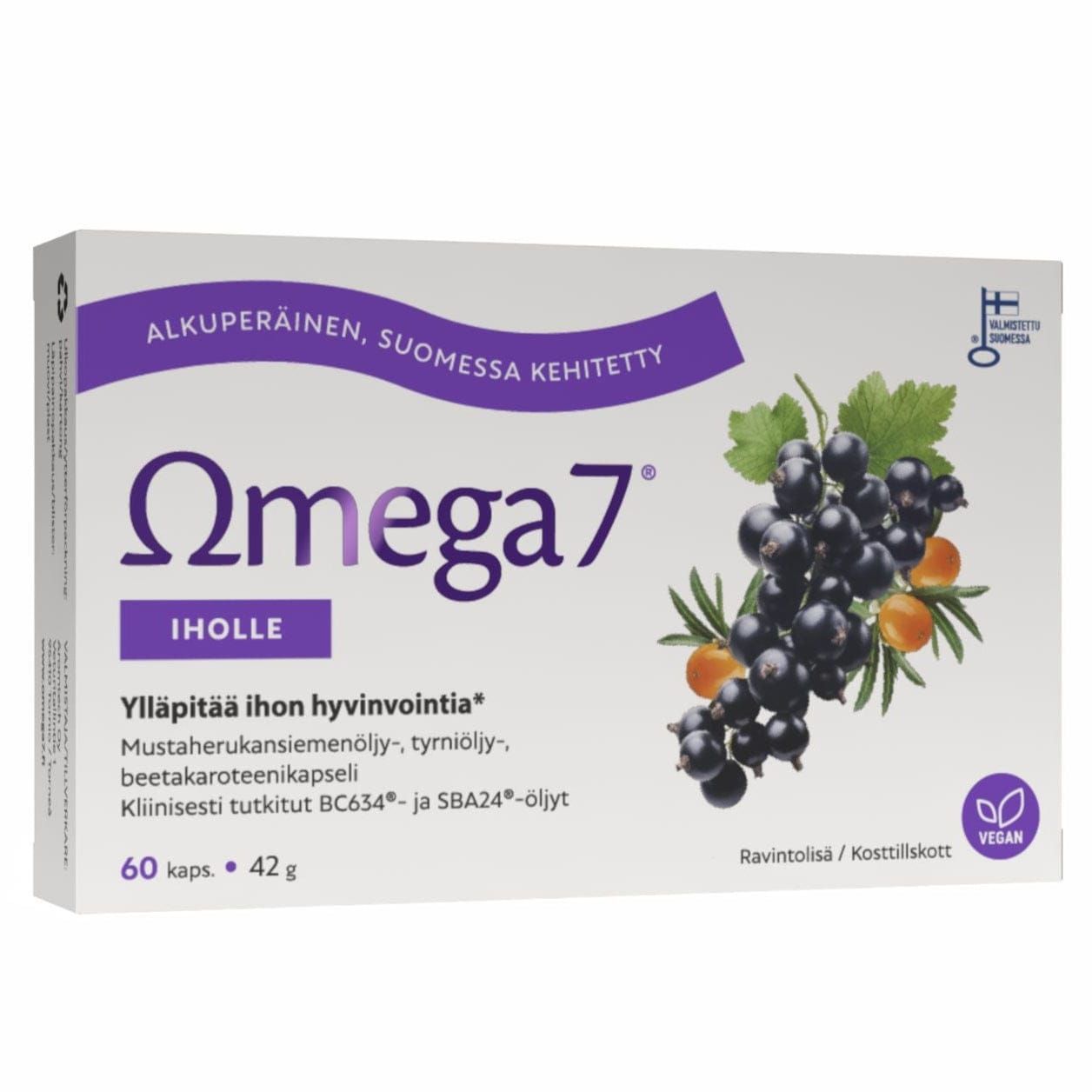 A box of Omega7 Skin capsules from Omega7, containing sea buckthorn oil and blackcurrant seed oil. The mostly white packaging with purple highlights shows vibrant berries and Finnish text promoting internal hydration for dry skin.