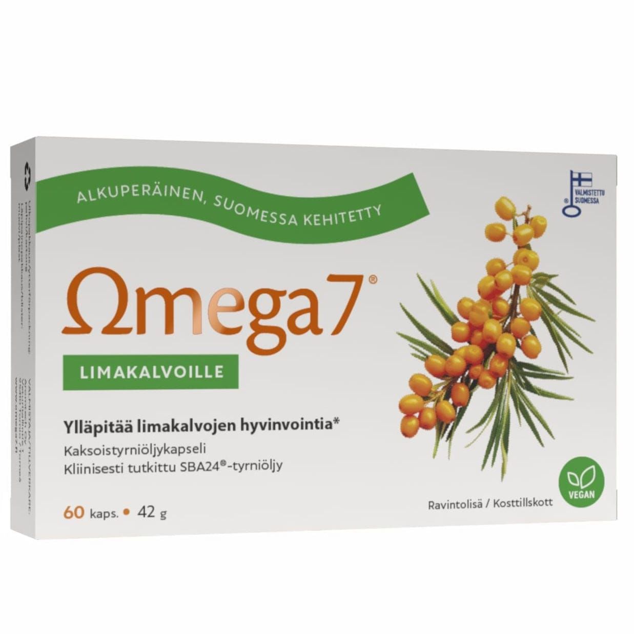 A box of Omega7 SBA® Sea Buckthorn Oil Capsules features sea buckthorn berries, Finnish text about mucous membrane hydration, and displays vegan and Finnish product symbols.