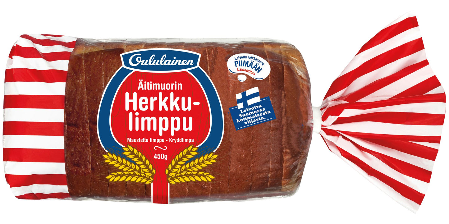 A loaf of Fazer Oululainen Flavoured Loaf, a traditional Finnish spiced bread in red and white striped packaging with a blue label displaying Finnish text and a small Finnish flag.
