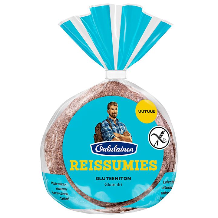 A package of Oululainen Reissumies Gluten-Free by Oululainen shows a smiling man with a backpack on the blue label, along with gluten-free symbols and product information in Finnish.