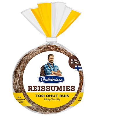 A pack of Oululainen Reissumies Really Thin Rye bread, with a clear front showing round, thin wholegrain rye slices. The label displays an illustrated man in a plaid shirt with a backpack and a Finnish flag. Brand: Oululainen.