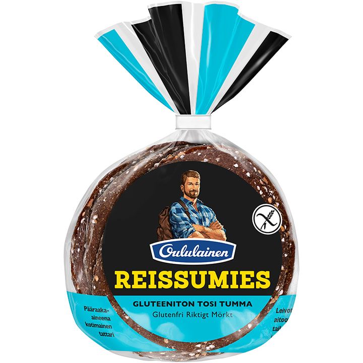 A package of Oululainen Reissumies Gluten-Free Really Dark bread from Oululainen, with an illustrated man carrying a backpack on the label and a blue, black, and white color scheme.