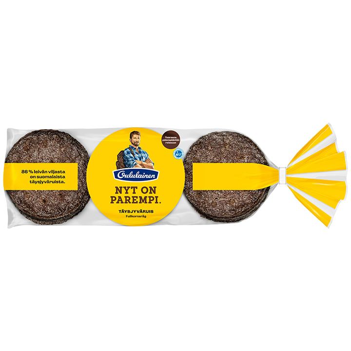A package of Fazer Oululainen Reissumies Wholegrain Rye bread with a yellow and white design, Finnish text, a photo of a man, and a yellow-striped twist tie; highlights wholegrain rye content.
