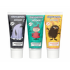 Set of three Oxygenol Moomin Kids Toothpaste 3+ Fruit tubes, each with a unique Moomin character design. This fluoride toothpaste with xylitol from Oxygenol helps protect children's teeth and makes brushing fun.