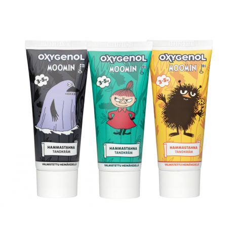 Set of three Oxygenol Moomin Kids Toothpaste 3+ Fruit tubes, each with a unique Moomin character design. This fluoride toothpaste with xylitol from Oxygenol helps protect children's teeth and makes brushing fun.