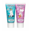 Two tubes of Oxygenol Moomin Kids Toothpaste 3+ Strawberry feature beloved Moomin characters on blue and purple Finnish packaging. This fluoride toothpaste is specially designed for children aged 3 and up.