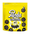 A 250g yellow bag of Panda Filled Licorice by Panda, featuring flower designs and containing Finnish licorice pieces with strawberry, toffee, chocolate, and banana fillings.