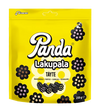 A 250g yellow bag of Panda Filled Licorice by Panda, featuring flower designs and containing Finnish licorice pieces with strawberry, toffee, chocolate, and banana fillings.