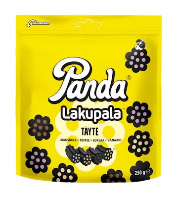 A 250g yellow bag of Panda Filled Licorice by Panda, featuring flower designs and containing Finnish licorice pieces with strawberry, toffee, chocolate, and banana fillings.