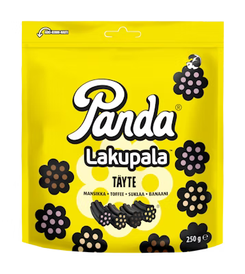 A 250g yellow bag of Panda Filled Licorice by Panda, featuring flower designs and containing Finnish licorice pieces with strawberry, toffee, chocolate, and banana fillings.