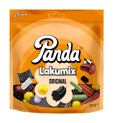 A 275g bag of Panda Licorice Mix Original by Panda, with an orange background and assorted licorice images—ideal for anyone who loves authentic Finnish licorice.