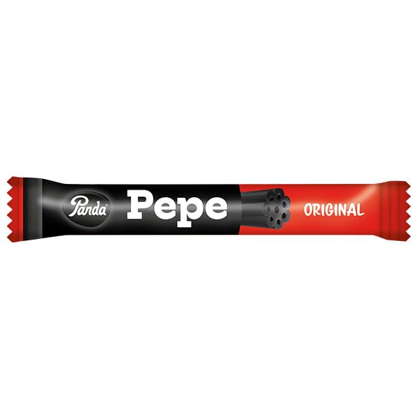 A Panda Pepe Liquorice Bar Original by Panda, wrapped in black and red packaging with the words "Panda," "Pepe," and "Original"—made using natural ingredients.