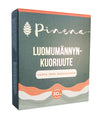 A box of Pinena Organic Pine Bark Extract by Pinena, with Finnish text, a pine cone logo on a green background, orange and beige wave patterns, and a 50 mg strength label.