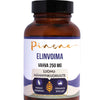 A brown bottle labeled “Pinena Stimulate” by Pinena with “Luomu-männynkuoriuute”, icons for panax ginseng and primavie shilajit, highlights pine bark extract for hormonal balance, set on a white background with purple waves.
